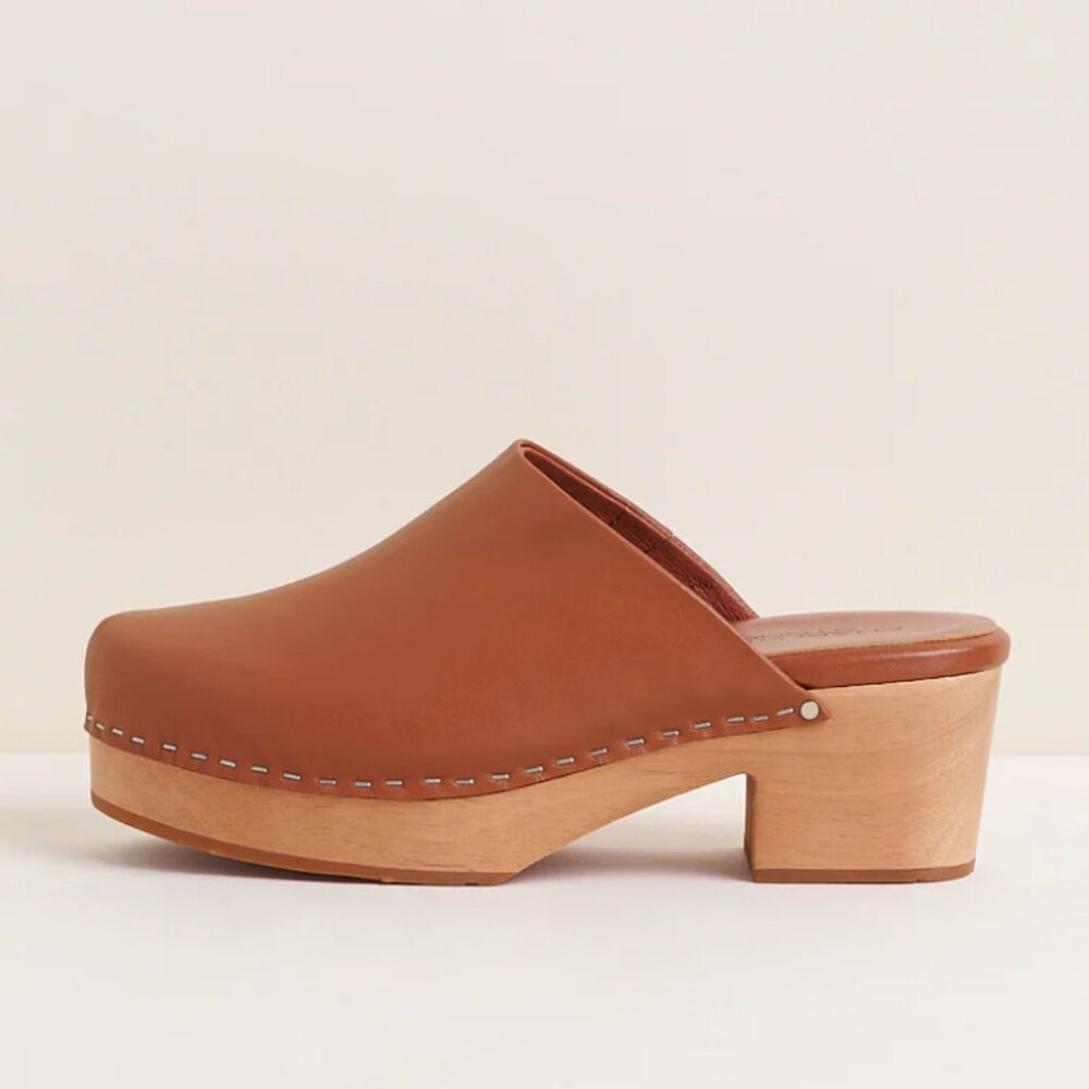 Charlotte Stone Martino Luggage Brown Leather Wood Heeled Clogs 10